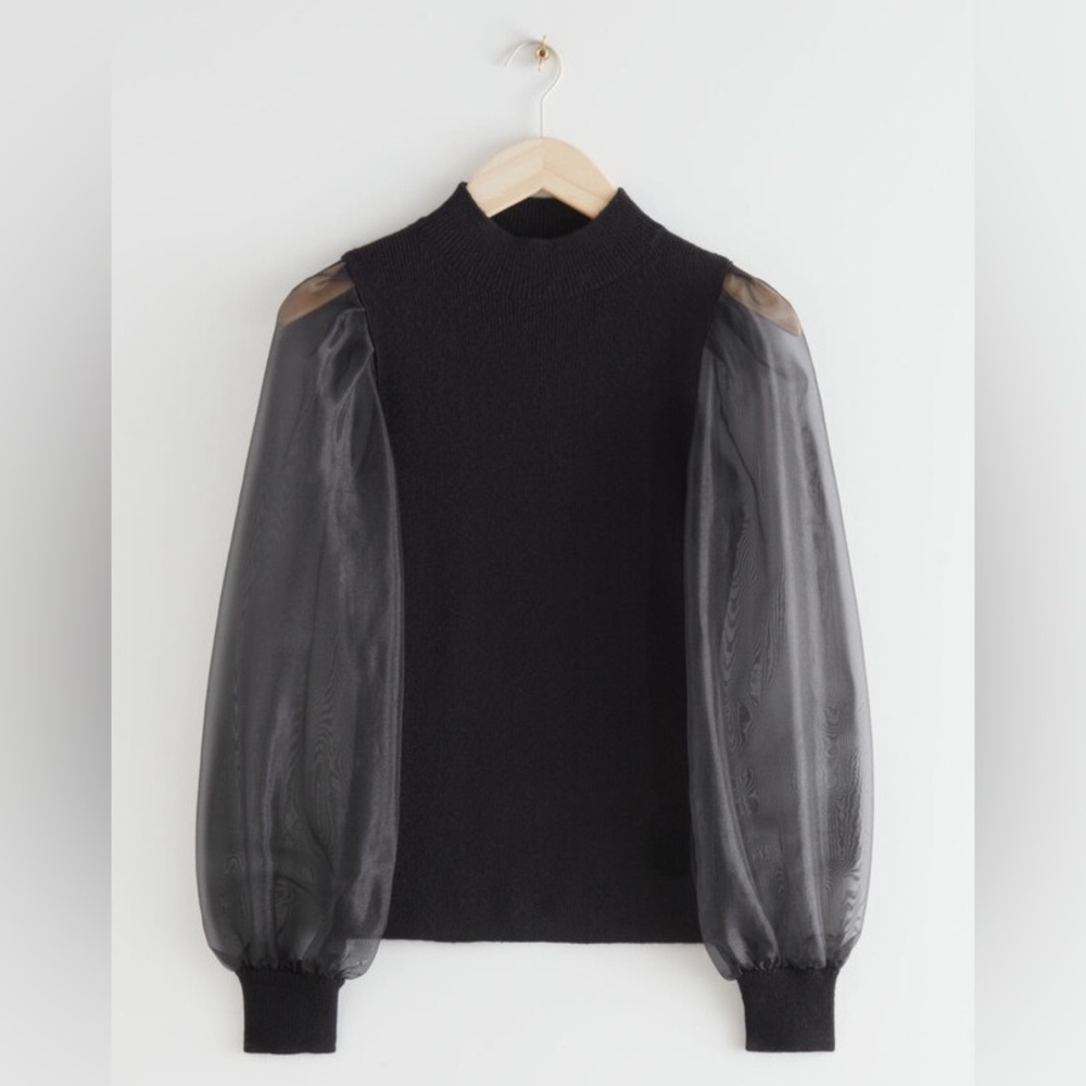 & Other Stories Black Organza Sleeve Ribbed Sweater